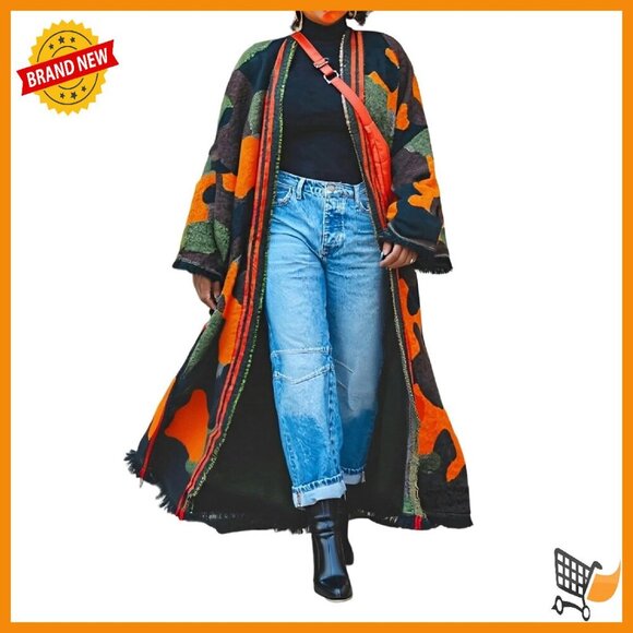 Sweaters - Long Camo Cardigan Poncho Fringe Knit Sweater Maxi Cape Duster
